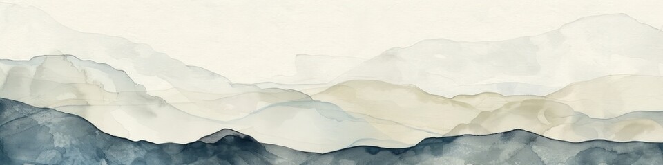 A painting depicting a mountain range against a sky background. Ink washes with subtle pops of color create a serene and balanced scene, background, wallpaper, banner