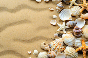 Fototapeta na wymiar photo copy space sand with shells and starfish