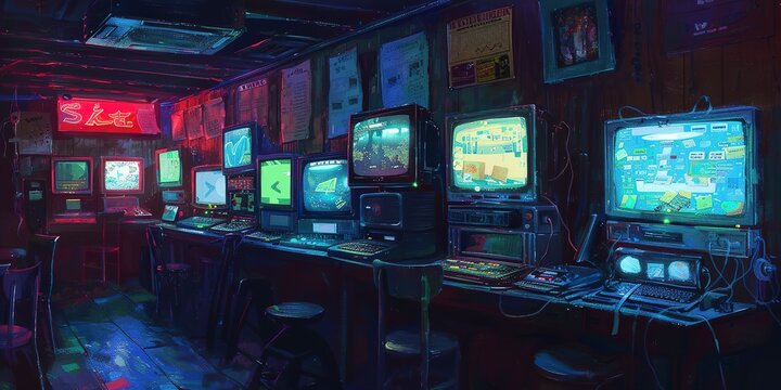 Cyber cafe, oil painted, glowing screens, neon night light, medium focal length.