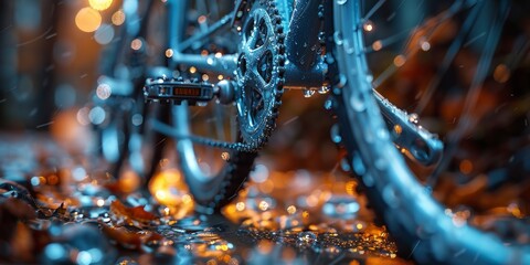 A close-up view of a bike covered in water droplets.