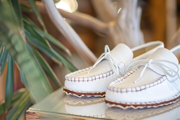 white summer moccasins on a clean display