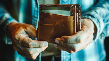 Financial stress concept, A worried man opens an empty wallet - obrazy, fototapety, plakaty