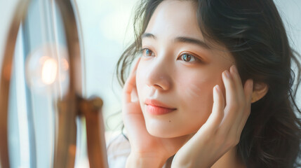 Anti-aging beauty concept: A content Asian young woman gazes at her reflection in a mirror at home, gently touching her face skin and expressing satisfaction with its healthy