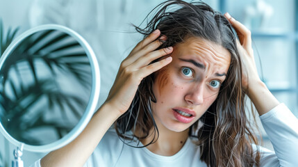 An young woman worries about hair fall and balding as she examines her scalp in the mirror, with her hand breaking into the front of her hair, depicting concerns about hair loss - obrazy, fototapety, plakaty
