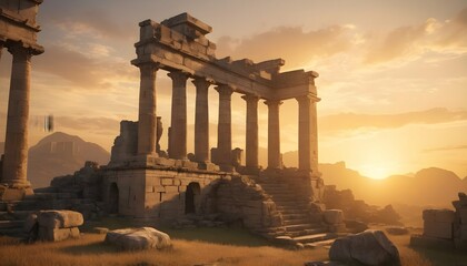 Majestic Ancient Ruins Against A Golden Sunset Ba - obrazy, fototapety, plakaty