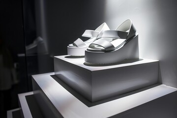 white platform sandals spotlighted on a clean, modern shelf - obrazy, fototapety, plakaty