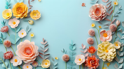 Framework for photo or congratulation with paper blossom and flowers. Woman's day, 8 march, Easter, Mother's day, anniversary greeting card