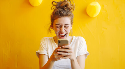 A happy young woman uses her mobile smartphone to read good news online, expressing excitement upon receiving an offer and celebrating success - obrazy, fototapety, plakaty