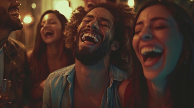 A group of friends laughing uproariously together, their faces illuminated with joy and camaraderie.