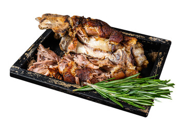 Roasted pork knuckle eisbein meat in a wooden tray with knife.  Isolated, Transparent background. - obrazy, fototapety, plakaty