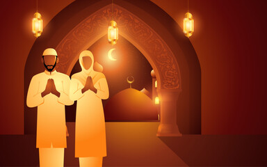 Vector illustration of a couple dressed in traditional Muslim attire, warmly greetings against the serene backdrop of a mosque nightscape