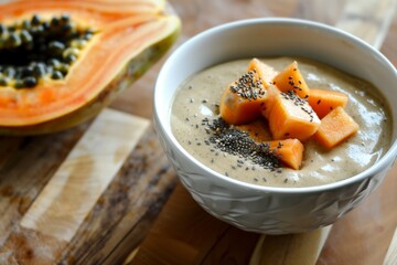 a smoothie bowl with papaya pieces on a wooden surface - 769431740