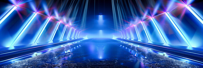 Abstract Blue Glow in a Dark Room, Futuristic Neon Lighting, Modern and Stylish Club or Stage Design