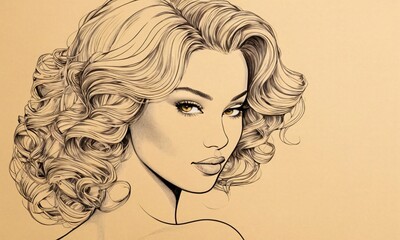Outlined beauty portrait, fashion illustration of a woman with a curly hairstyle - 769432332
