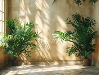 Fototapeta na wymiar Sunny room with palm trees on light cream-colored walls