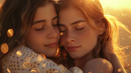 Two sisters sharing a heartfelt embrace, their faces radiant with affection and nostalgia. - obrazy, fototapety, plakaty