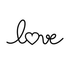 LOVE. Continuous line script cursive text love. Lettering vector illustration for poster, card, banner valentine day, wedding. Hand drawn word - love with doodle heart.