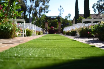 artificial turf aisle at a garden wedding