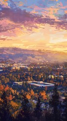 Silicon Valley, oil paint style, bustling tech campuses, soft dawn light, wide shot. 