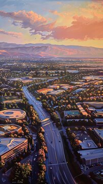 Silicon Valley, oil paint style, bustling tech campuses, soft dawn light, wide shot. 