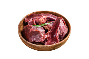 Sliced Beef or veal raw heart in a wooden plate with herbs.  Isolated, Transparent background.