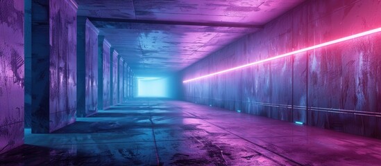 Retro Sci Fi Spaceship with Neon Fluorescent Laser Lights in Concrete Room Tunnel