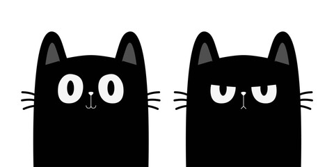 Cute cat set. Sad angry surprised face head. Black kitten with big eyes. Funny kawaii pet animal icon. Cartoon funny baby character. Pink ears, nose, cheek. Flat design. White background. Vector