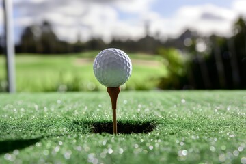 golf ball on a tee on an artificial turf driving range - obrazy, fototapety, plakaty