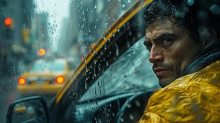 A taxi driver in a vibrant yellow raincoat sits contemplatively in his car, surrounded by the soft...