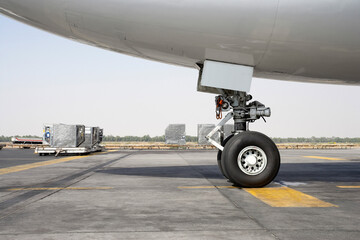 Front landing gear on a jet