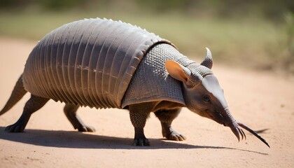 An Armadillo With Its Tail Held High As It Walks