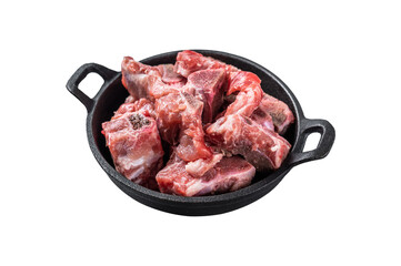 Raw diced meat cubes with bone in a pan.  Isolated, Transparent background. - obrazy, fototapety, plakaty