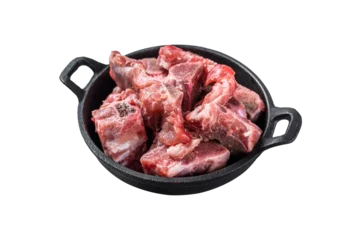 Kissenbezug Raw diced meat cubes with bone in a pan.  Isolated, Transparent background. © Vladimir