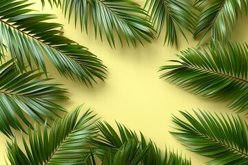 Flat-lay of green palm branches over yellow background, top view