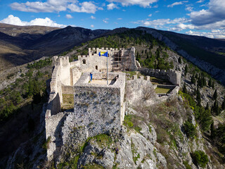 Fototapeta premium Aerial drone view of the Medieval Fortress in Blagaj or Stjepan Grad in Bosnia and Herzegovina.