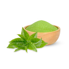 Green tea powder in a wooden cup  with leaves isolated on transparent background. (.PNG)