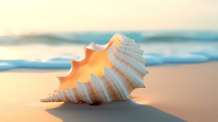Conch shells lying on the beach at sunset