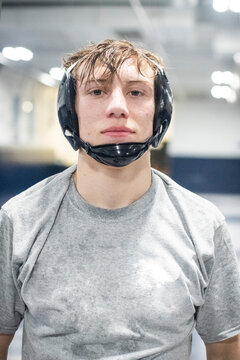 Highschool portrait of male wrestler during practice
