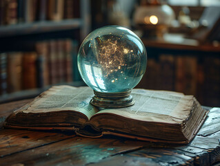 a magic crystal ball and an ancient book.