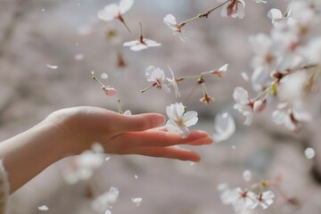 closeup of a hand catching falling cherry blossoms