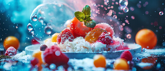 Fruit Dessert Elegance with Sparkling Water Droplets