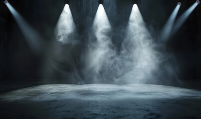 llustration of spotlights shine on stage floor in dark room, Generative AI - obrazy, fototapety, plakaty