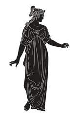 An ancient Greek woman in a tunic with bare feet stands, dances and gesticulates. The figure is isolated on a white background