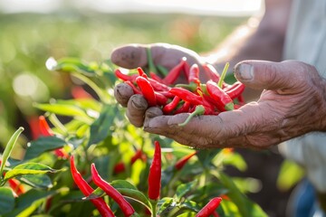 farmer holding handful of red chili peppers in field - obrazy, fototapety, plakaty