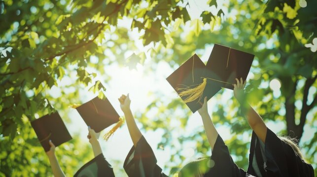 silhouettes of happy students in gowns throwing mortarboards in air, education, graduation concept