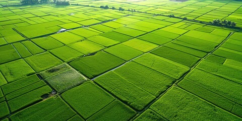 Aerial photos of summer rice paddies, neat and uniform, green 