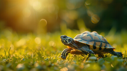Obraz premium Backlit illustration of an interesting turtle walking slowly on green grass and natural background