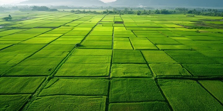 Aerial photos of summer rice paddies, neat and uniform, green