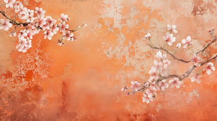 Elegant Interior Decor: Radiant Vibrant Cherry Blossoms Blooming on Textured Orange Backdrop - Springtime Charm and Sophistication Elevating Home Ambiance with Timeless Beauty and Grace