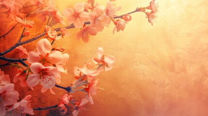 Elegant Interior Decor: Radiant Vibrant Cherry Blossoms Blooming on Textured Orange Backdrop - Springtime Charm and Sophistication Elevating Home Ambiance with Timeless Beauty and Grace